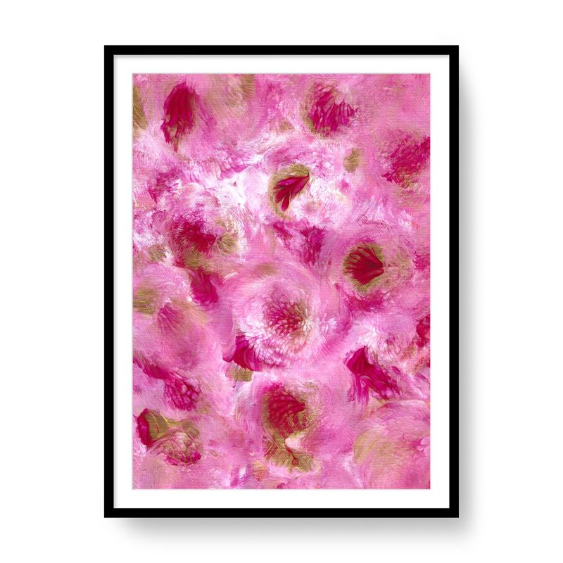 A1 oversized luxury floral abstract artwork with expressive pink flowers and contemporary black gallery frame.