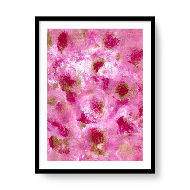 A2 luxury pink floral abstract art print with expressive painterly flowers displayed in a modern black gallery frame.