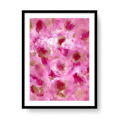 A2 luxury pink floral abstract art print with expressive painterly flowers displayed in a modern black gallery frame.
