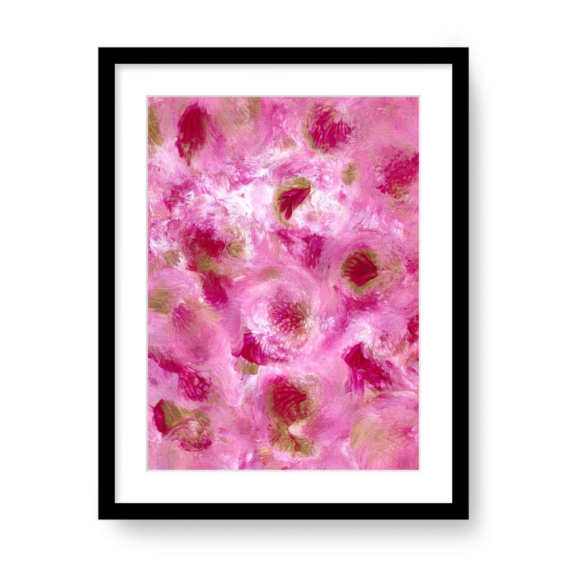 A3 contemporary pink abstract flower print with luxury gallery mount and elegant black frame for modern home décor.