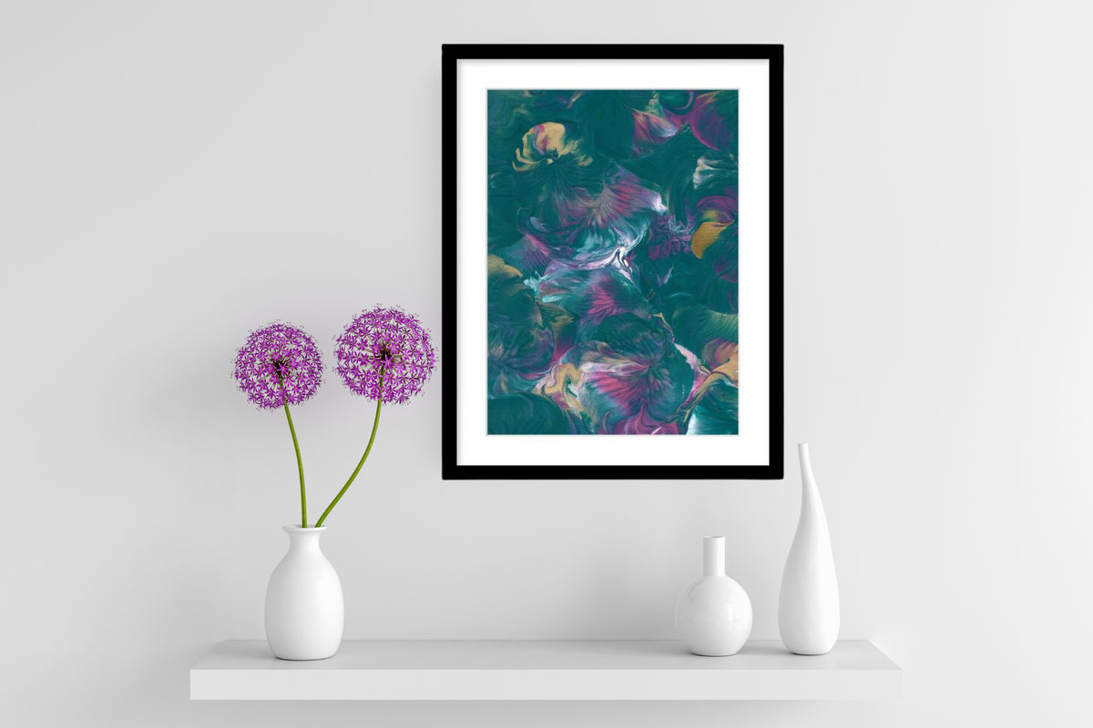 Renée Kaye Floral Utopia abstract botanical artwork with elegant white border framed wall art. It comes in A3 A2 A1